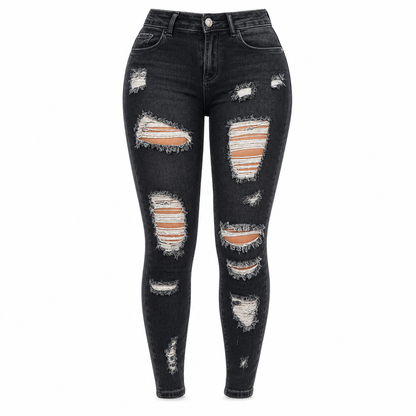 Kvinnors slitna skinny jeans med hög midja, distressed jeans med stretch