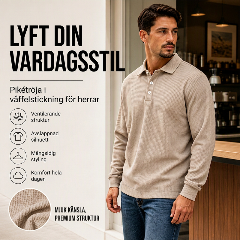 Långärmad kragad tröja med våffelstickning för män