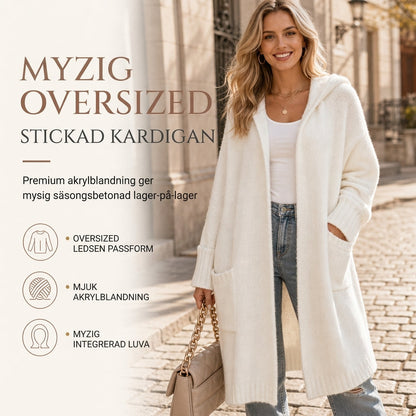 Lång koftad stickad tröja med huva för kvinnor