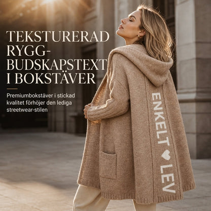 Lång koftad stickad tröja med huva för kvinnor