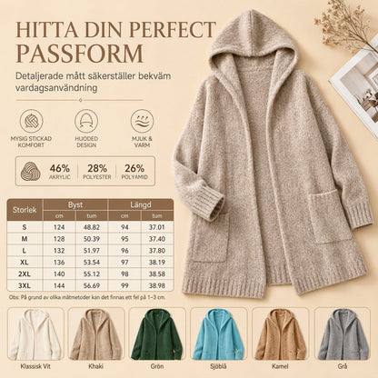 Lång koftad stickad tröja med huva för kvinnor