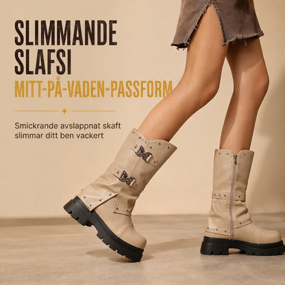 Kvinnors ankelstövlar med plattform, medelhög blockklack, rund tå, sömmar, vikbar skaftkant och spänneband
