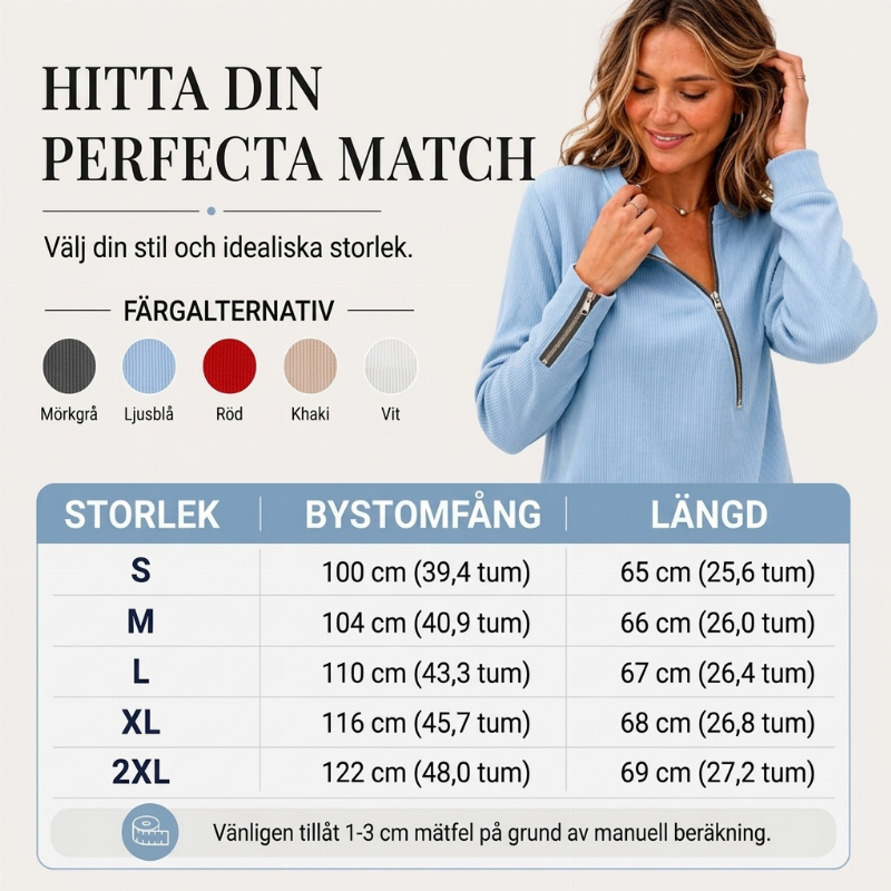 Damens ribbade tröja med asymmetrisk dragkedja