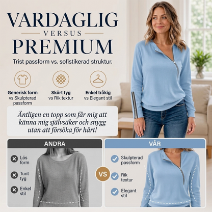 Damens ribbade tröja med asymmetrisk dragkedja