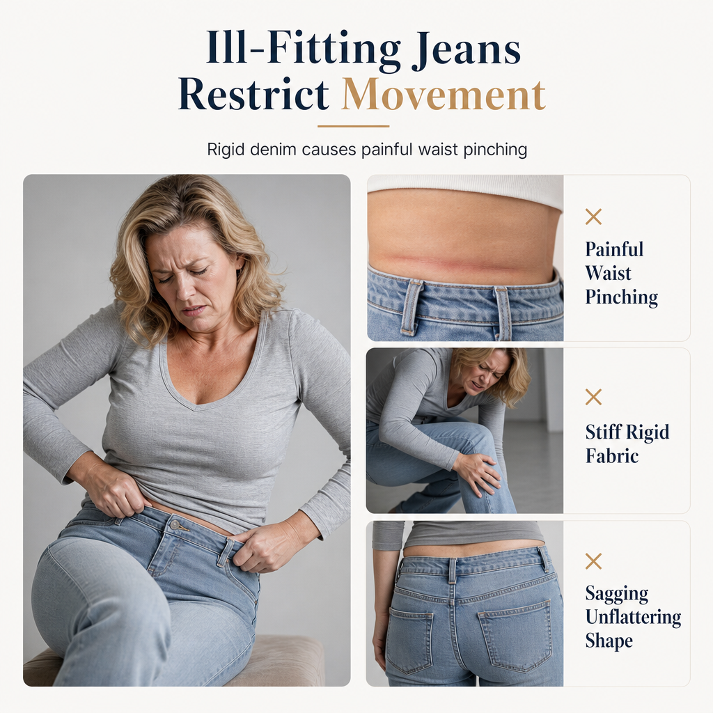 Dammjeans med hög midja och utsvängda ben – stretchdenim i slim fit med dubbla knappar i midjan