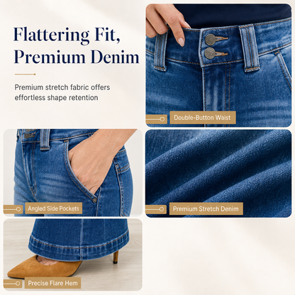 Dammjeans med hög midja och utsvängda ben – stretchdenim i slim fit med dubbla knappar i midjan