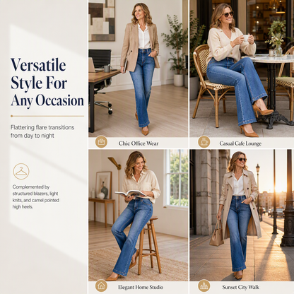 Dammjeans med hög midja och utsvängda ben – stretchdenim i slim fit med dubbla knappar i midjan
