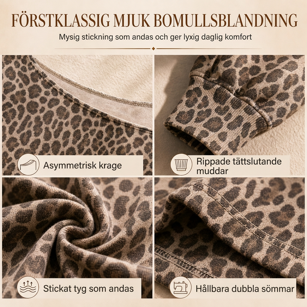 Ledigt tröja med leopardmönster och axelbandslös design, löst sittande långärmad tröja i bomullsblandning, pullover-topp