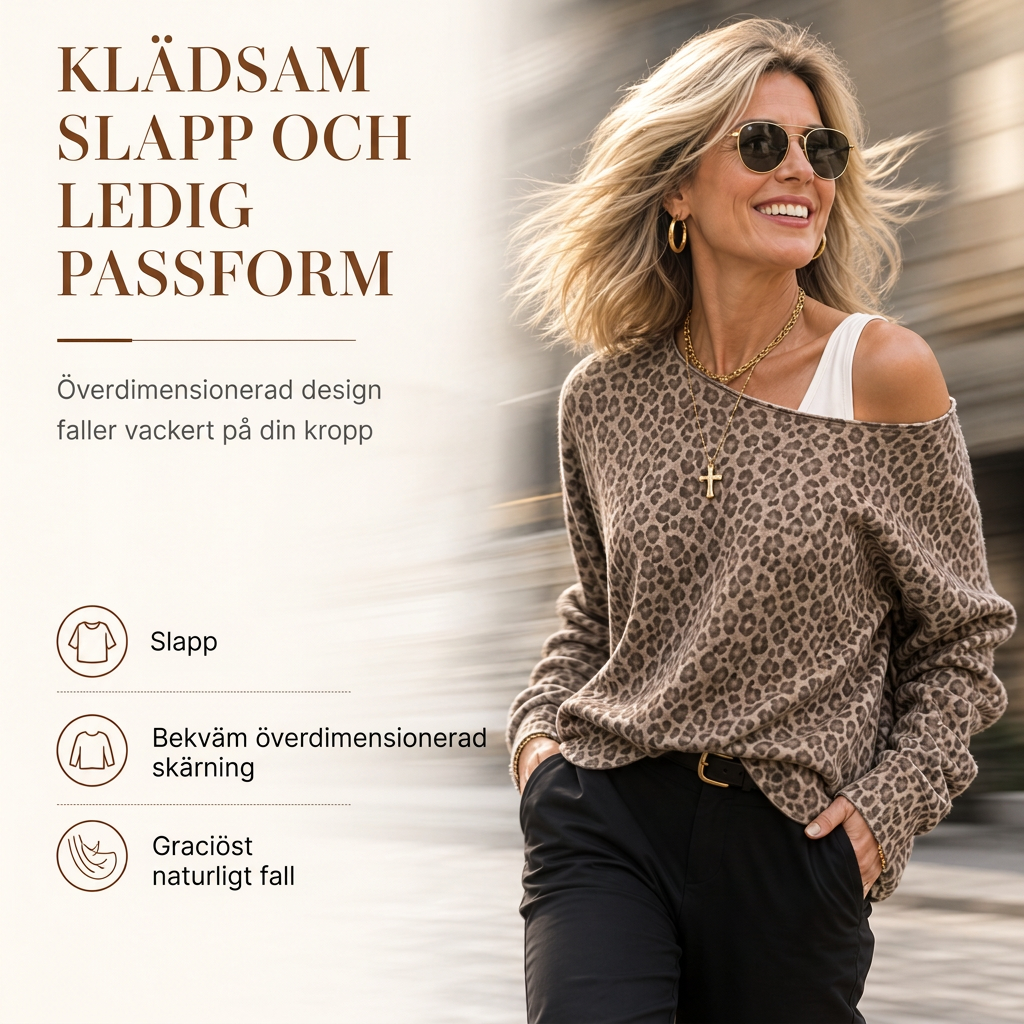Ledigt tröja med leopardmönster och axelbandslös design, löst sittande långärmad tröja i bomullsblandning, pullover-topp