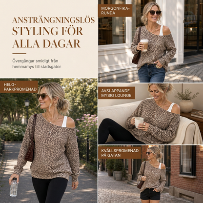 Ledigt tröja med leopardmönster och axelbandslös design, löst sittande långärmad tröja i bomullsblandning, pullover-topp