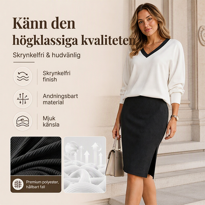 🔥✨Set med långärmad topp med V-ringning och ribbad kjol för damer