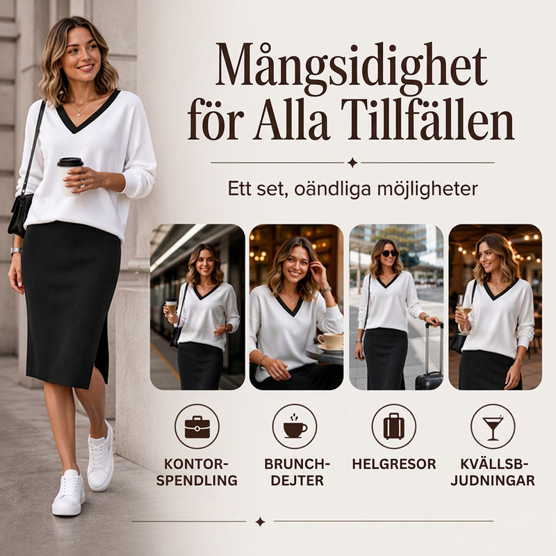 🔥✨Set med långärmad topp med V-ringning och ribbad kjol för damer