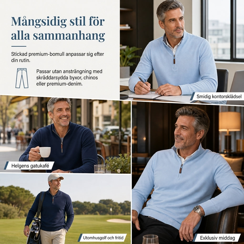 Långärmad tröja för män med kvartslås, stående krage och bomullsblandning