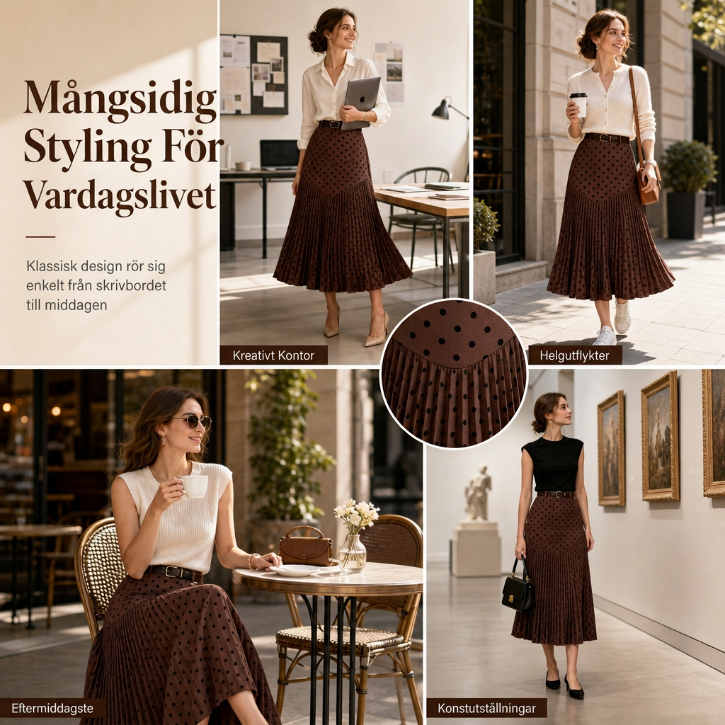 🌸 Ny kollektion ✨ Plisserad damkjol med hög midja och prickmönster – elegant midikjol med bekväm passform och feminin stil