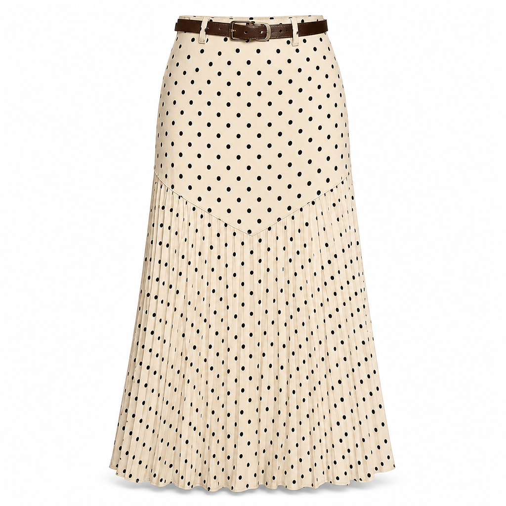 🌸 Ny kollektion ✨ Plisserad damkjol med hög midja och prickmönster – elegant midikjol med bekväm passform och feminin stil