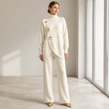 🛍️ Specialerbjudande ✨ Elegant set med damtröja med hög hals och byxor med vida ben – bekväm passform och elegant look