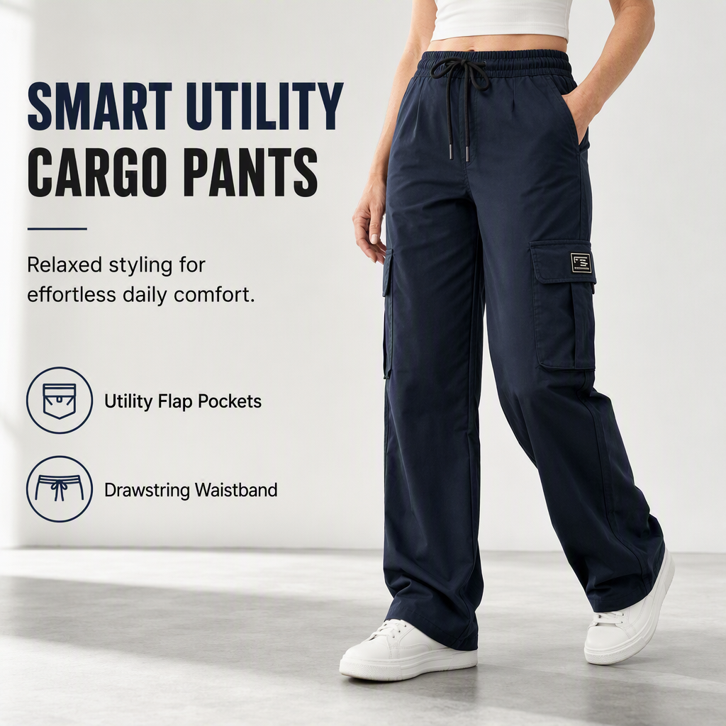 Dammiga cargo-byxor med relaxed fit och raka ben, elastisk dragsko i midjan och sidofickor