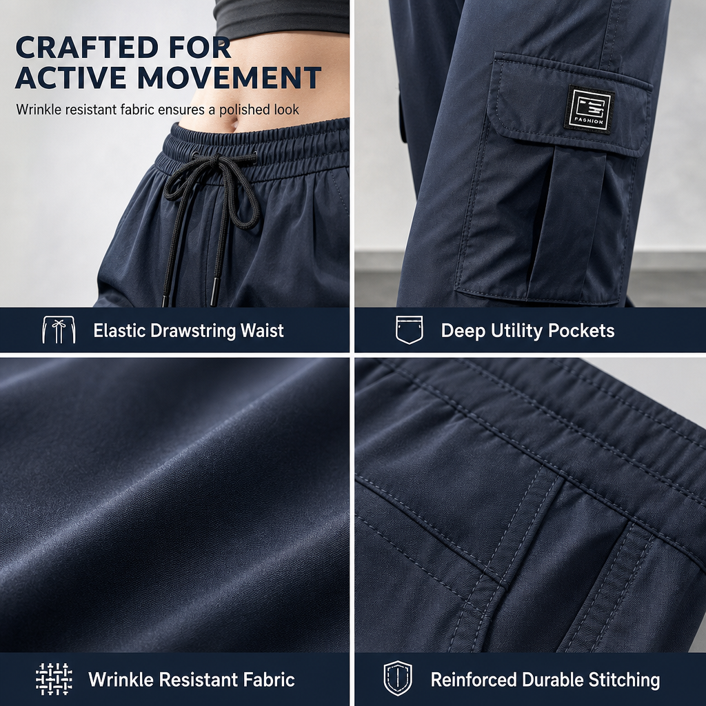 Dammiga cargo-byxor med relaxed fit och raka ben, elastisk dragsko i midjan och sidofickor