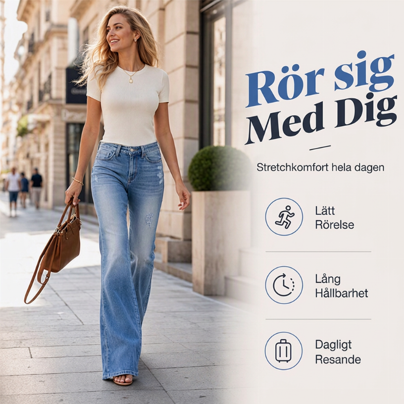 Kvinnors lediga jeans med hög midja och utsvängda ben