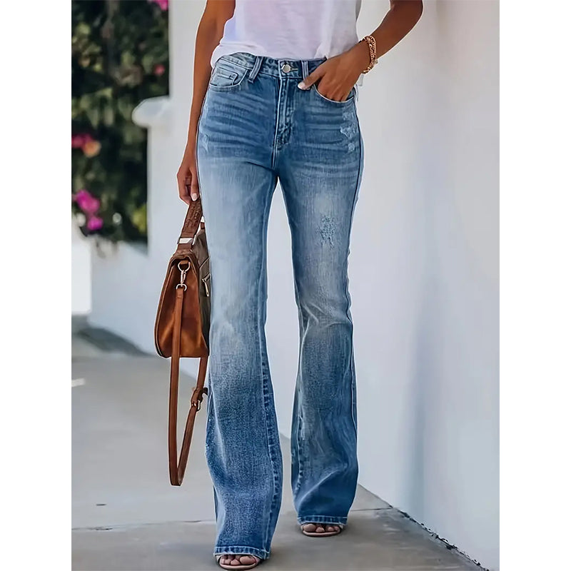 Kvinnors lediga jeans med hög midja och utsvängda ben