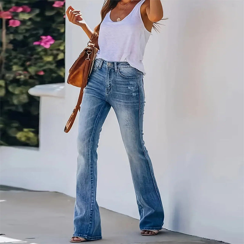 Kvinnors lediga jeans med hög midja och utsvängda ben