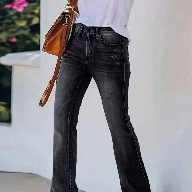 Kvinnors lediga jeans med hög midja och utsvängda ben