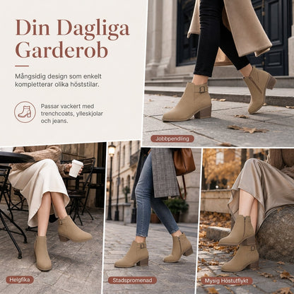 Damskor i mocka, Martin-boots med sned spänne, tjock medelhäl och sidodragkedja, ankelboots