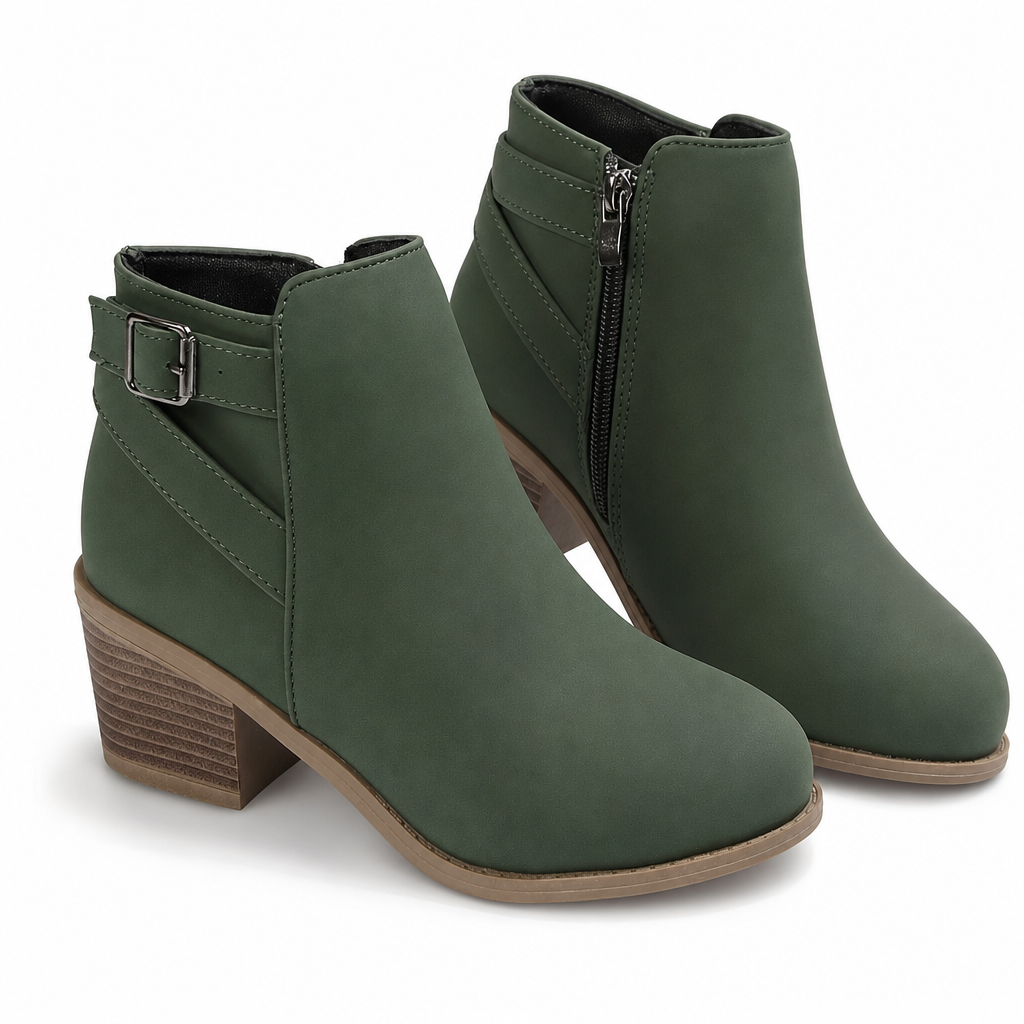 Damskor i mocka, Martin-boots med sned spänne, tjock medelhäl och sidodragkedja, ankelboots