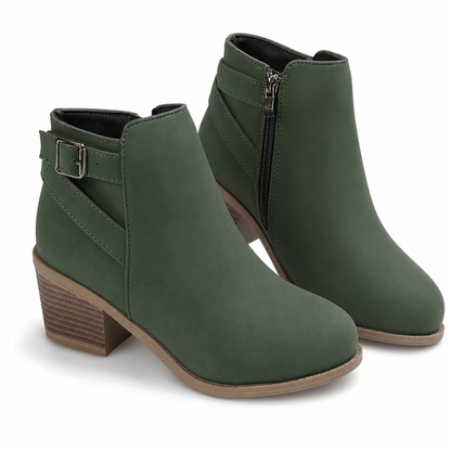 Damskor i mocka, Martin-boots med sned spänne, tjock medelhäl och sidodragkedja, ankelboots
