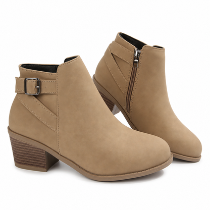 Damskor i mocka, Martin-boots med sned spänne, tjock medelhäl och sidodragkedja, ankelboots