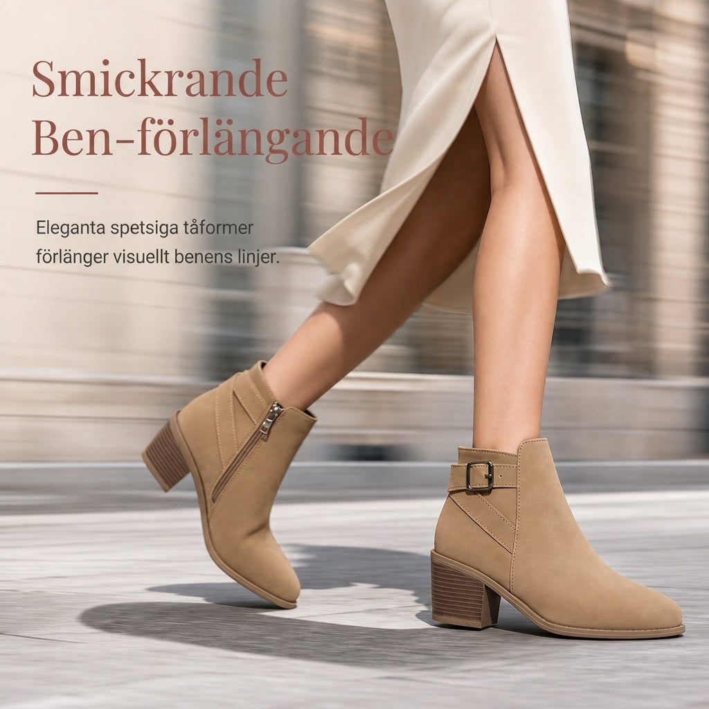 Damskor i mocka, Martin-boots med sned spänne, tjock medelhäl och sidodragkedja, ankelboots
