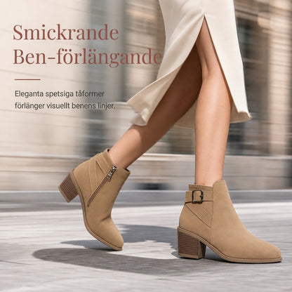 Damskor i mocka, Martin-boots med sned spänne, tjock medelhäl och sidodragkedja, ankelboots