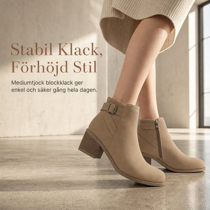 Damskor i mocka, Martin-boots med sned spänne, tjock medelhäl och sidodragkedja, ankelboots