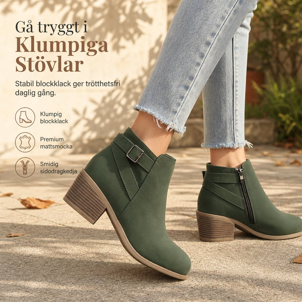 Damskor i mocka, Martin-boots med sned spänne, tjock medelhäl och sidodragkedja, ankelboots