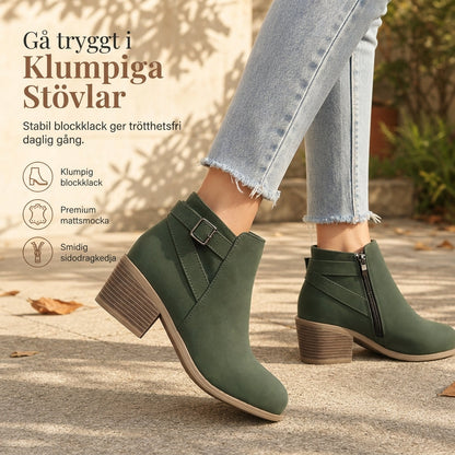 Damskor i mocka, Martin-boots med sned spänne, tjock medelhäl och sidodragkedja, ankelboots