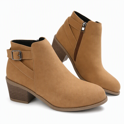 Damskor i mocka, Martin-boots med sned spänne, tjock medelhäl och sidodragkedja, ankelboots