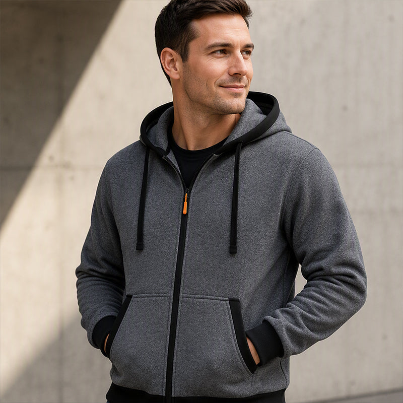 🔥 Värme för vardagen | Hoodie för män med hel dragkedja, plyschfoder och huva med dragsko