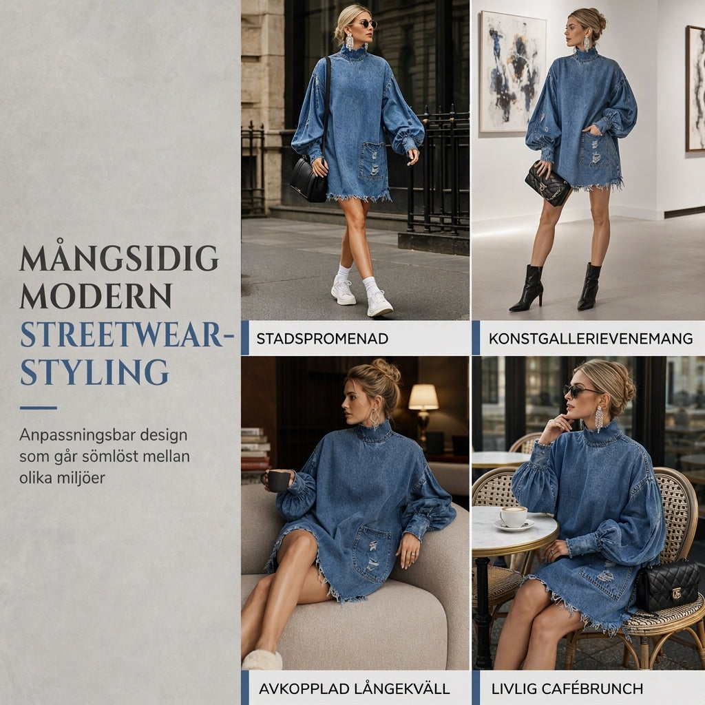 ✨ Ny höststil 💙 Oversized miniklänning i denim för damer med krage – bekväm passform, trendig och avslappnad chic