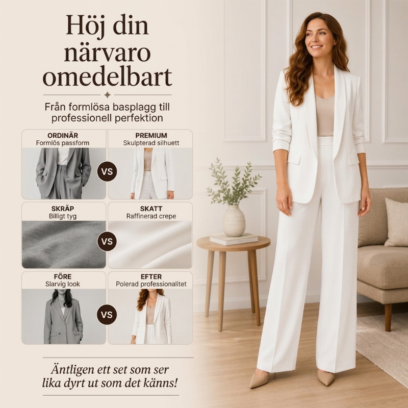 Elegant Kostymset för Dam – Stilren Kavaj & Vida Byxor med Bekväm Passform