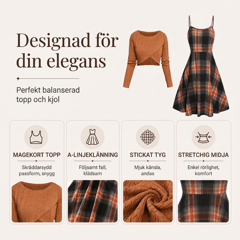 Elegant rutig klänning och crop top-set för kvinnor