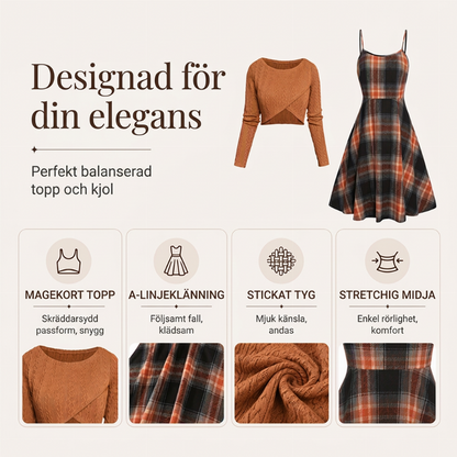 Elegant rutig klänning och crop top-set för kvinnor