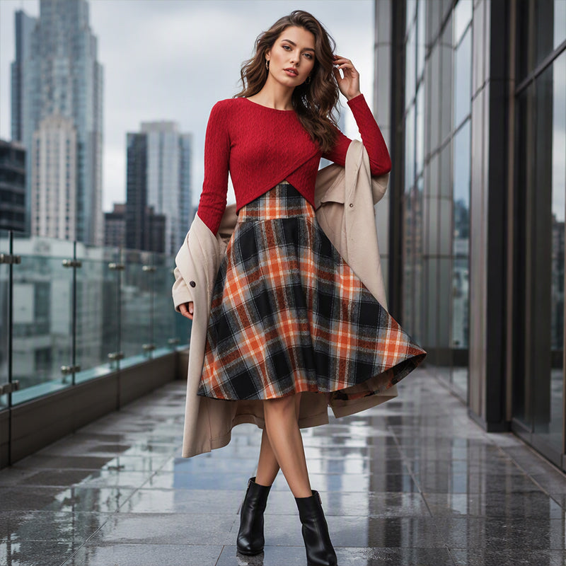 Elegant rutig klänning och crop top-set för kvinnor