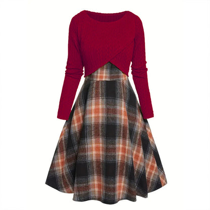 Elegant rutig klänning och crop top-set för kvinnor