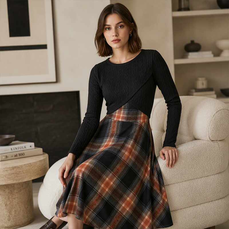 Elegant rutig klänning och crop top-set för kvinnor