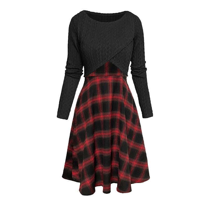 Elegant rutig klänning och crop top-set för kvinnor
