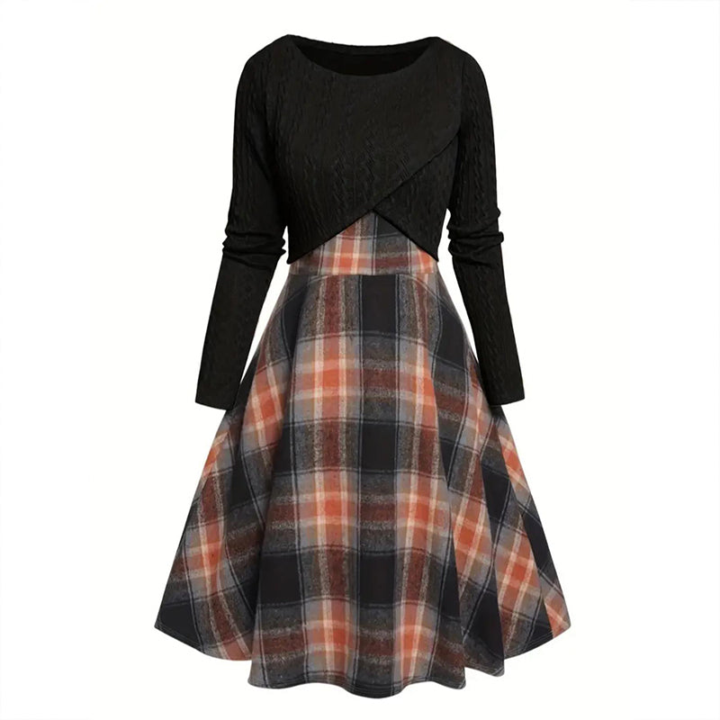 Elegant rutig klänning och crop top-set för kvinnor