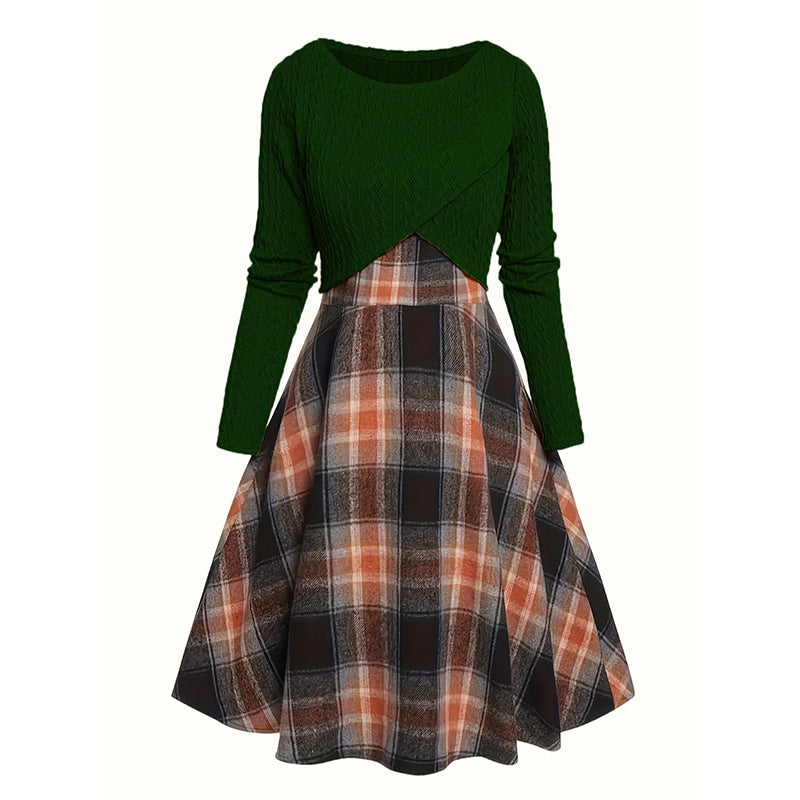 Elegant rutig klänning och crop top-set för kvinnor