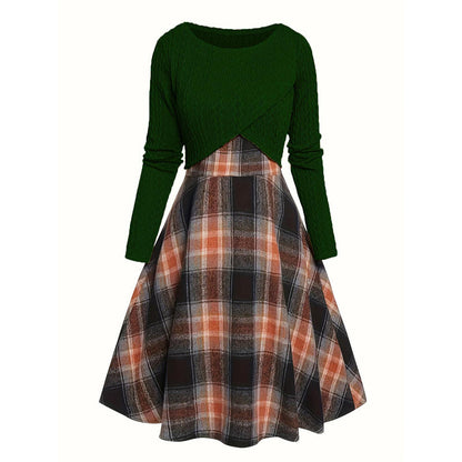 Elegant rutig klänning och crop top-set för kvinnor