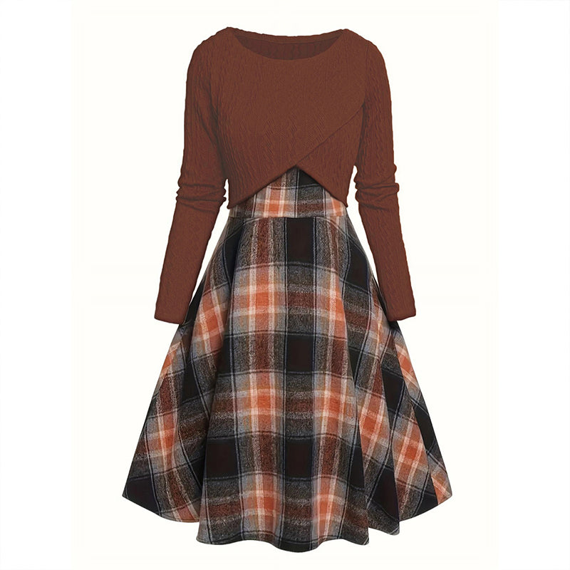 Elegant rutig klänning och crop top-set för kvinnor