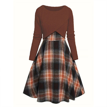 Elegant rutig klänning och crop top-set för kvinnor